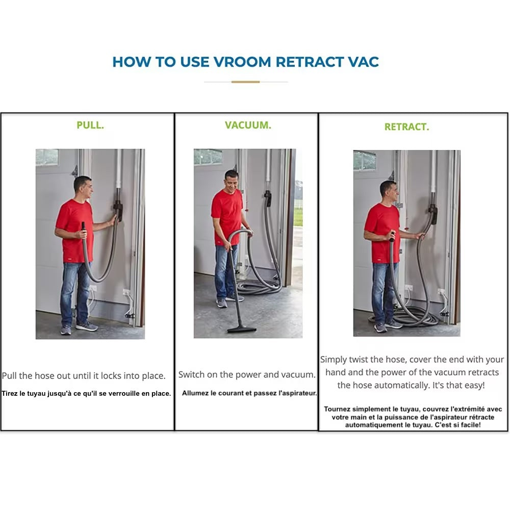 Vroom Retract Vac Central Vacuum Garage & Utility Retractable Hose System | Deluxe Cleaning Accessories