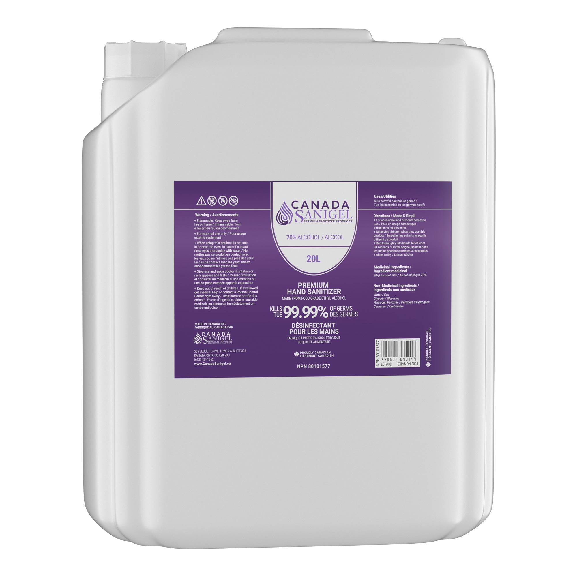 Canada Sanigel Premium Hand Sanitizer Gel | 20 Litre Bottle, 70% Alcohol | From Food Grade Ethyl Alcohol