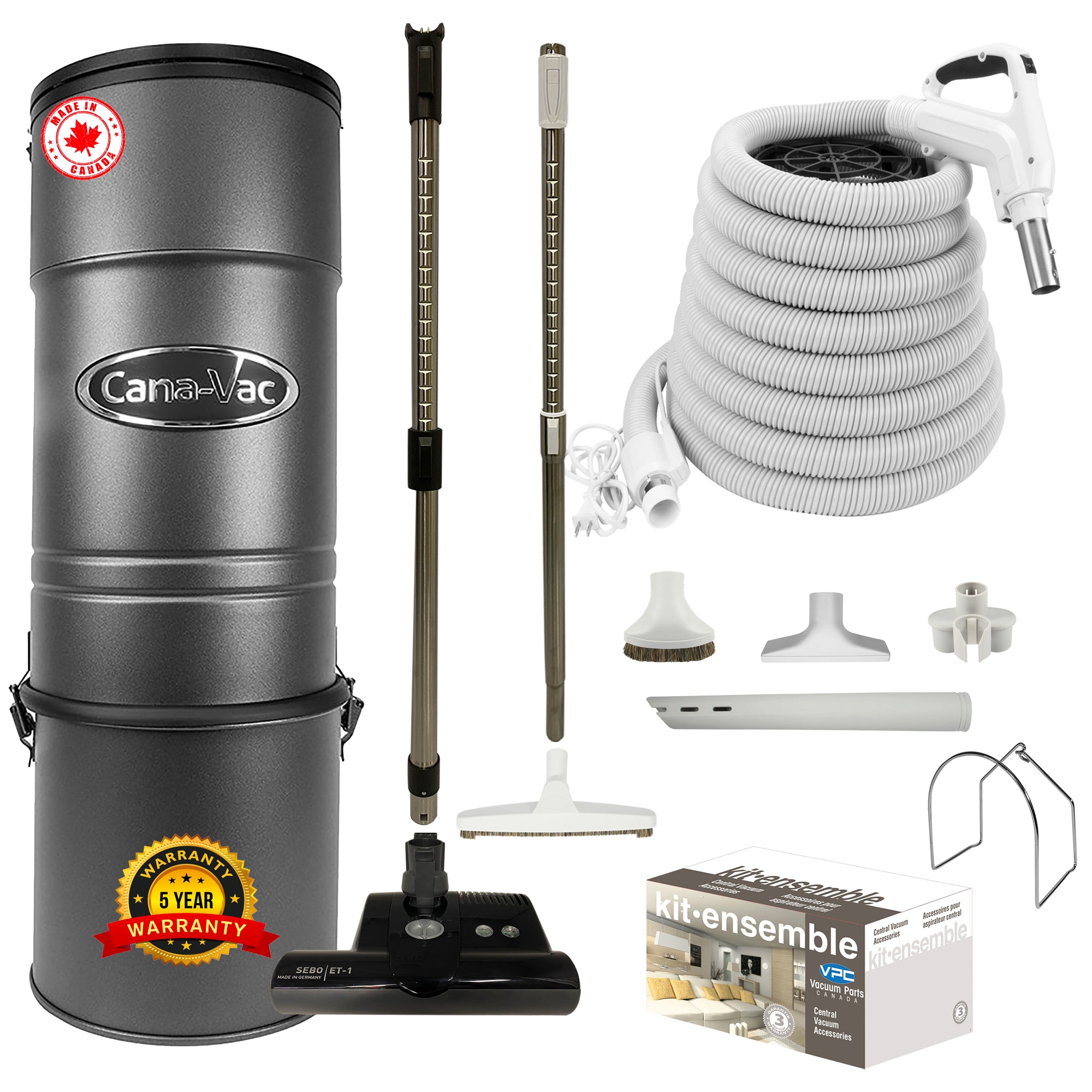 Cana-Vac CV587 Central Vacuum with Premium Electric Package - Black SEBO Powerhead and White Hose