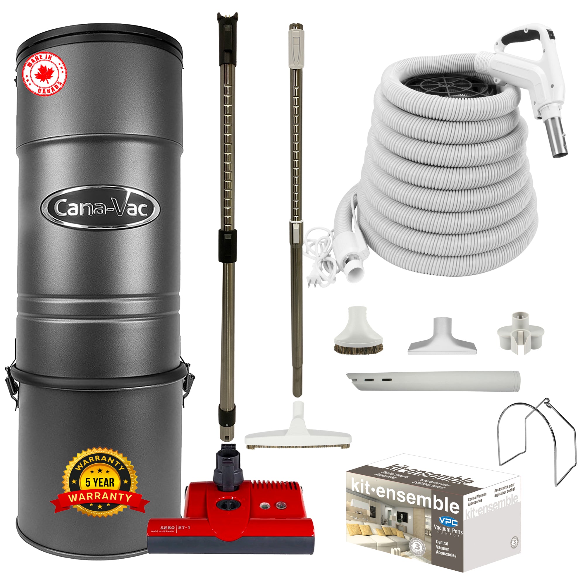 Cana-Vac CV587 Central Vacuum with Premium Electric Package - Red SEBO Powerhead and White Hose