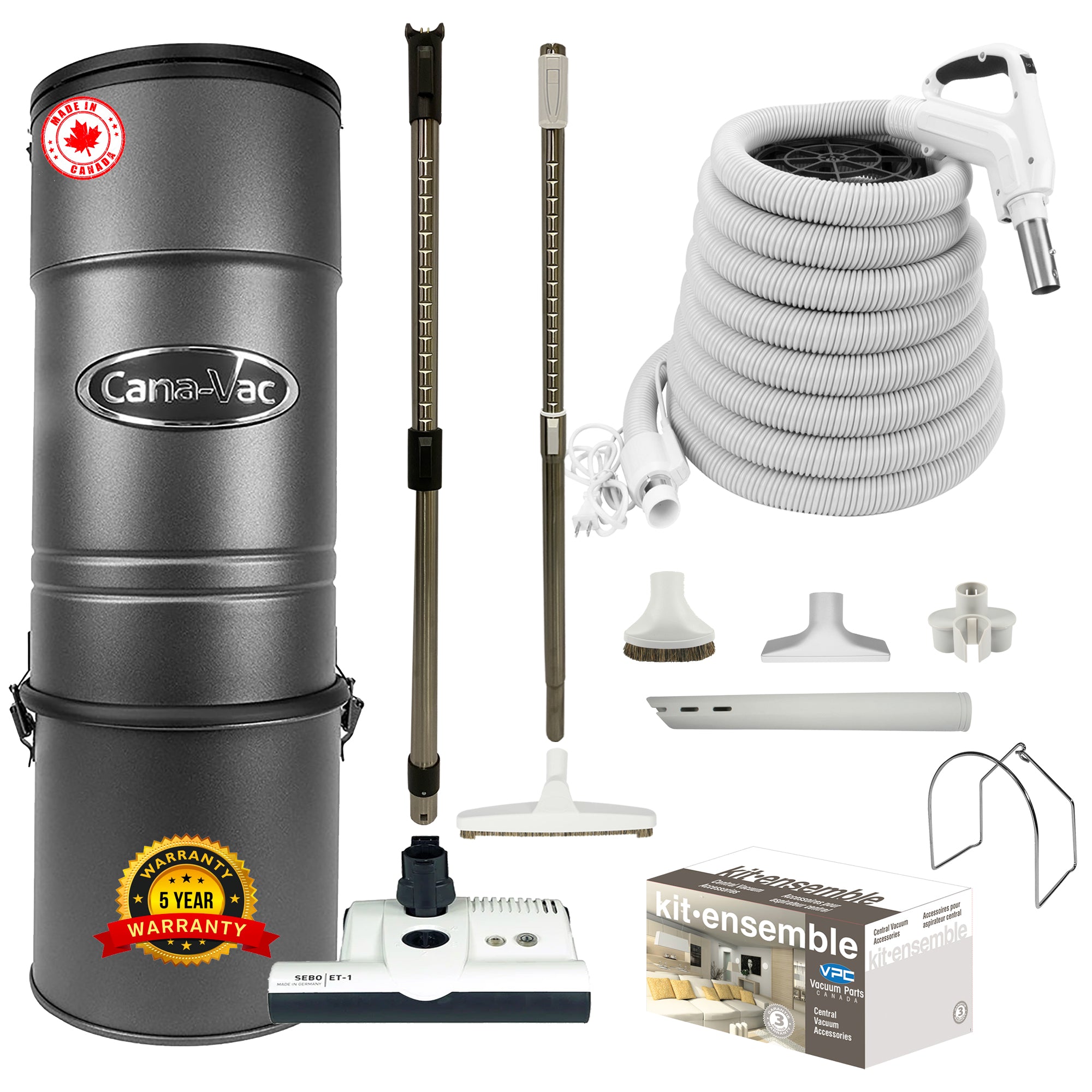 Cana-Vac CV587 Central Vacuum with Premium Electric Package - White SEBO Powerhead and White Hose