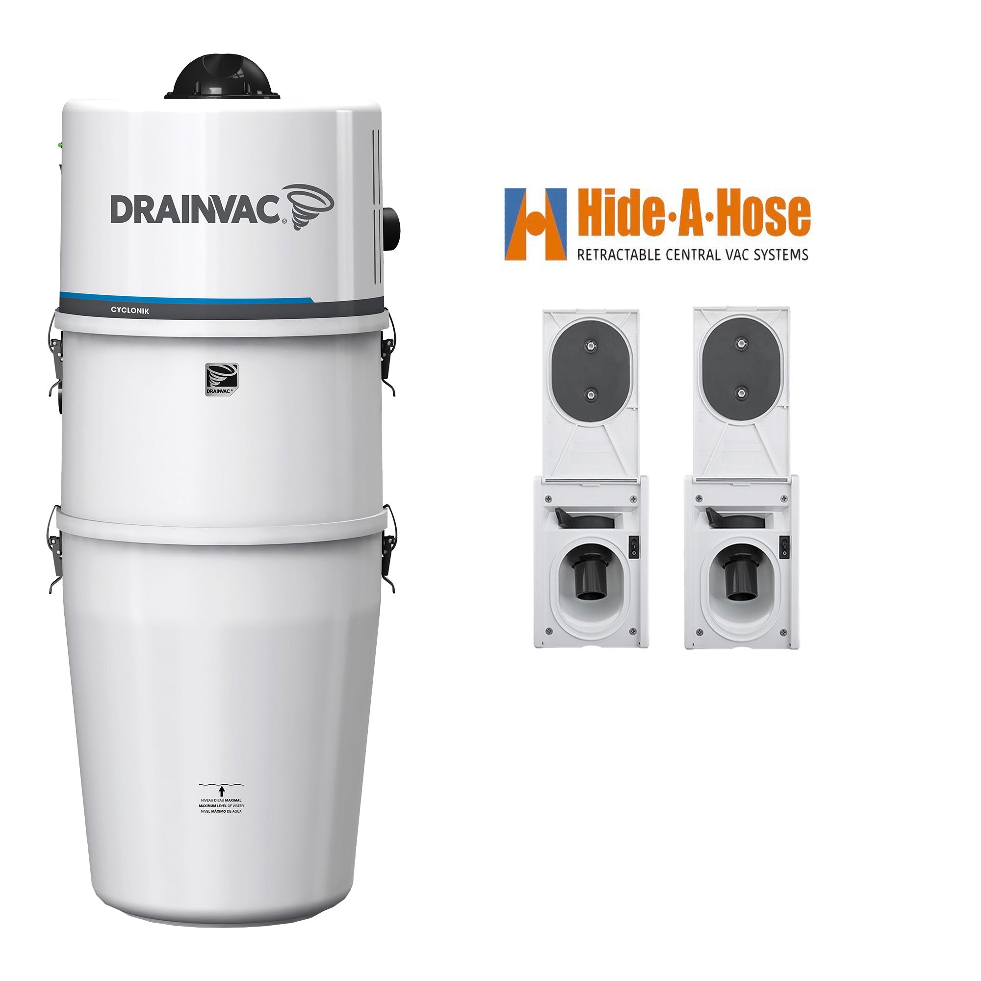 DrainVac DV1R12-CT Central Vacuum with Hide-A-Hose Complete Installation Package (2 Valves)