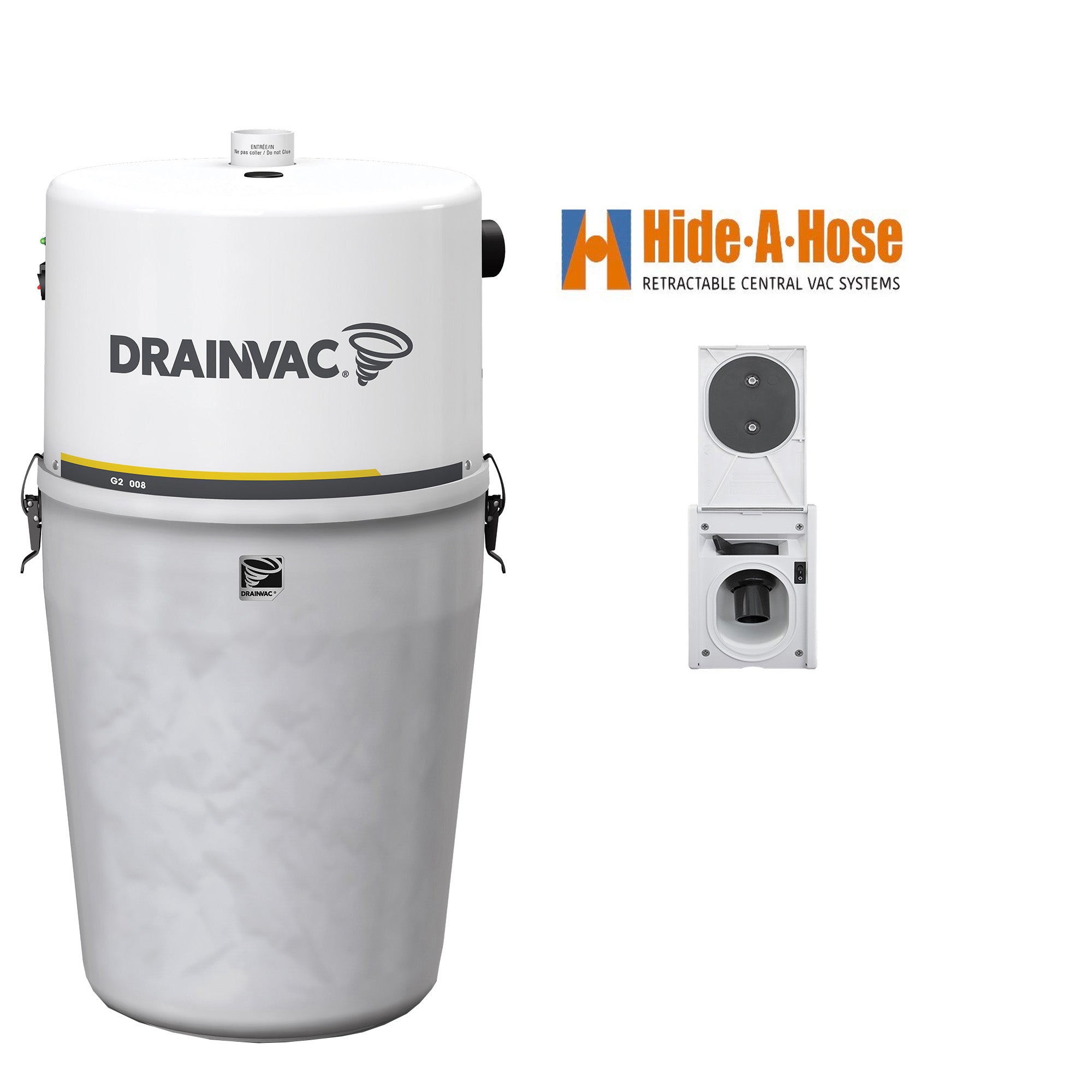 DrainVac G2-008 Central Vacuum with Hide-A-Hose Complete Installation Package with 1 Valve