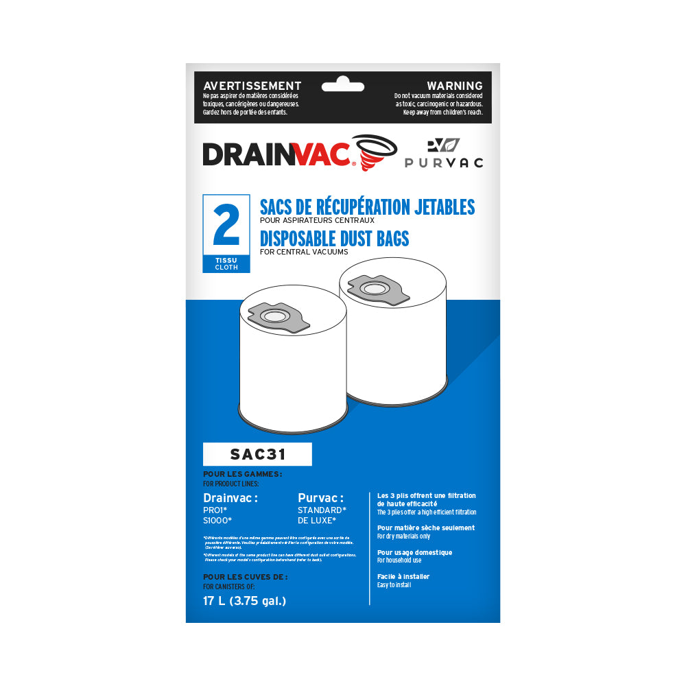 DrainVac SAC31 Central Vacuum Disposable Cloth Dust Bags