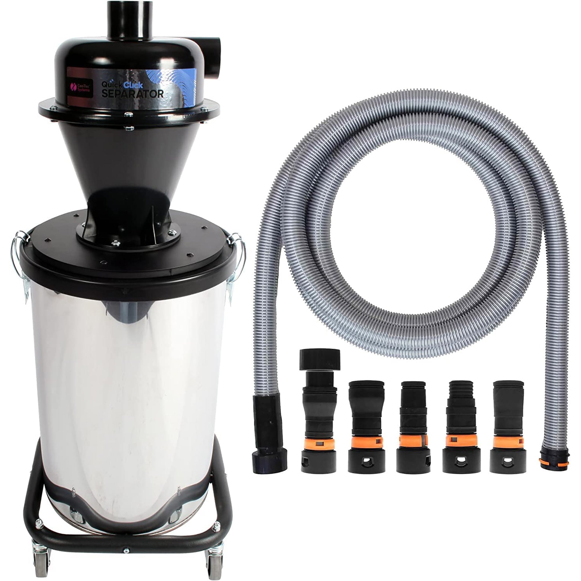 VPC Quick Click Dust Collection Hose with 10 Gallon Stainless Steel Recovery Bin | Wet/Dry Cyclonic Separator for Home and Shop Vacuums