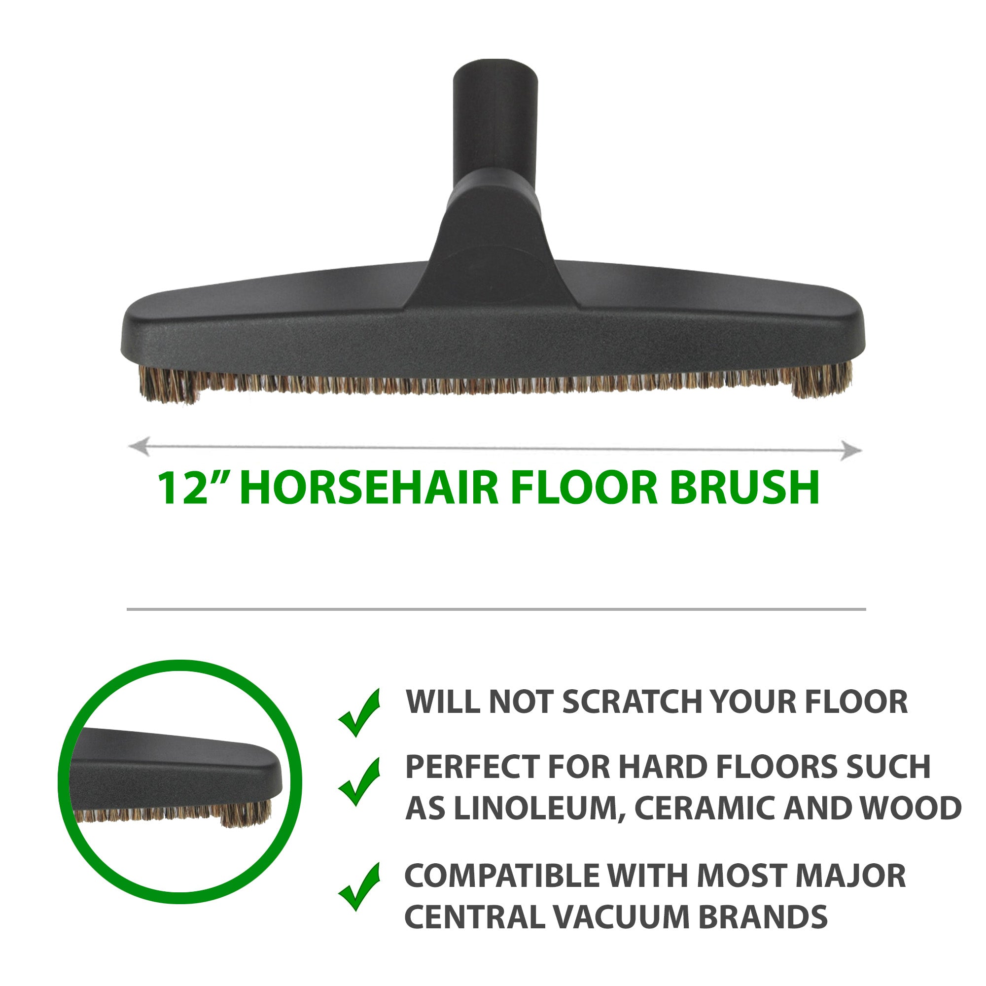 12" Horsehair floor brush perfect for hard floors such as linoleum, ceramic and wood