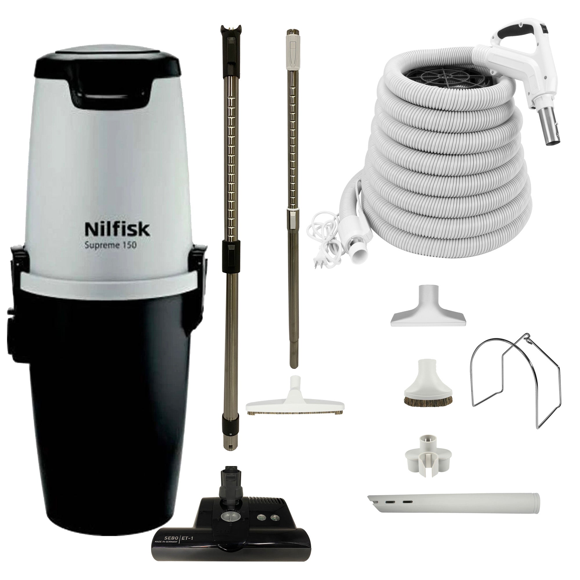 Nilfisk Supreme 150 Central Vacuum with Black SEBO ET-1 Powerhead and Premium Electric Package - White