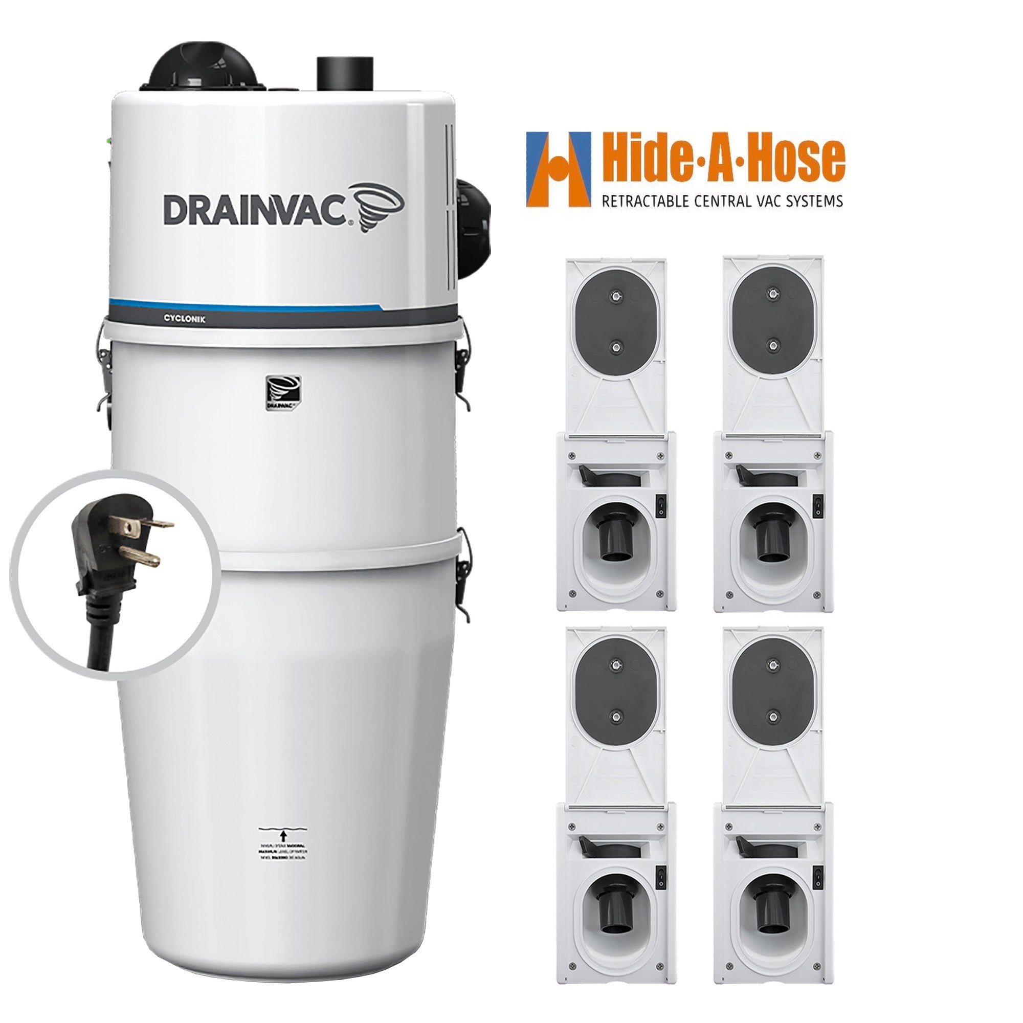 DrainVac DV1R15-CT Central Vacuum with Hide-A-Hose Complete Installation Package (4 Valves)