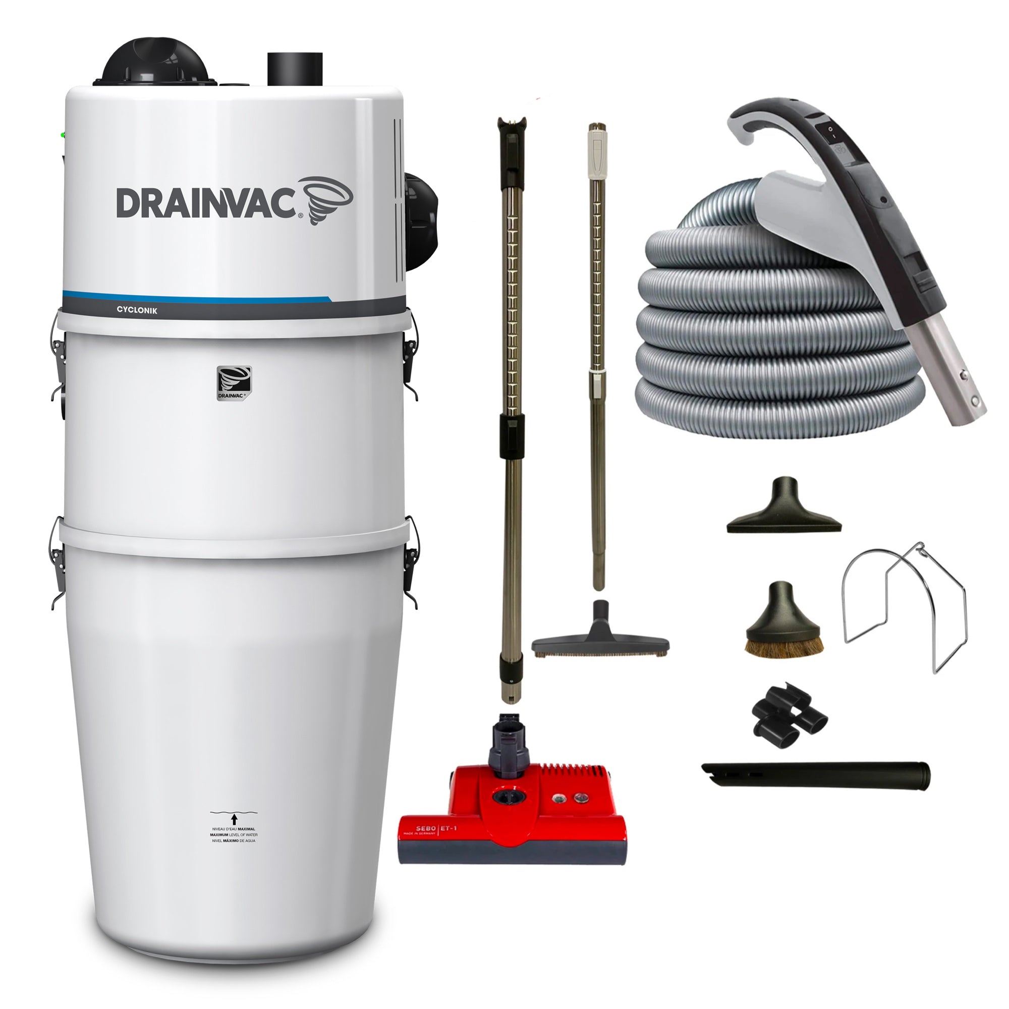 DrainVac Cyclonik Central Vacuum with SEBO ET-1 Electric Package