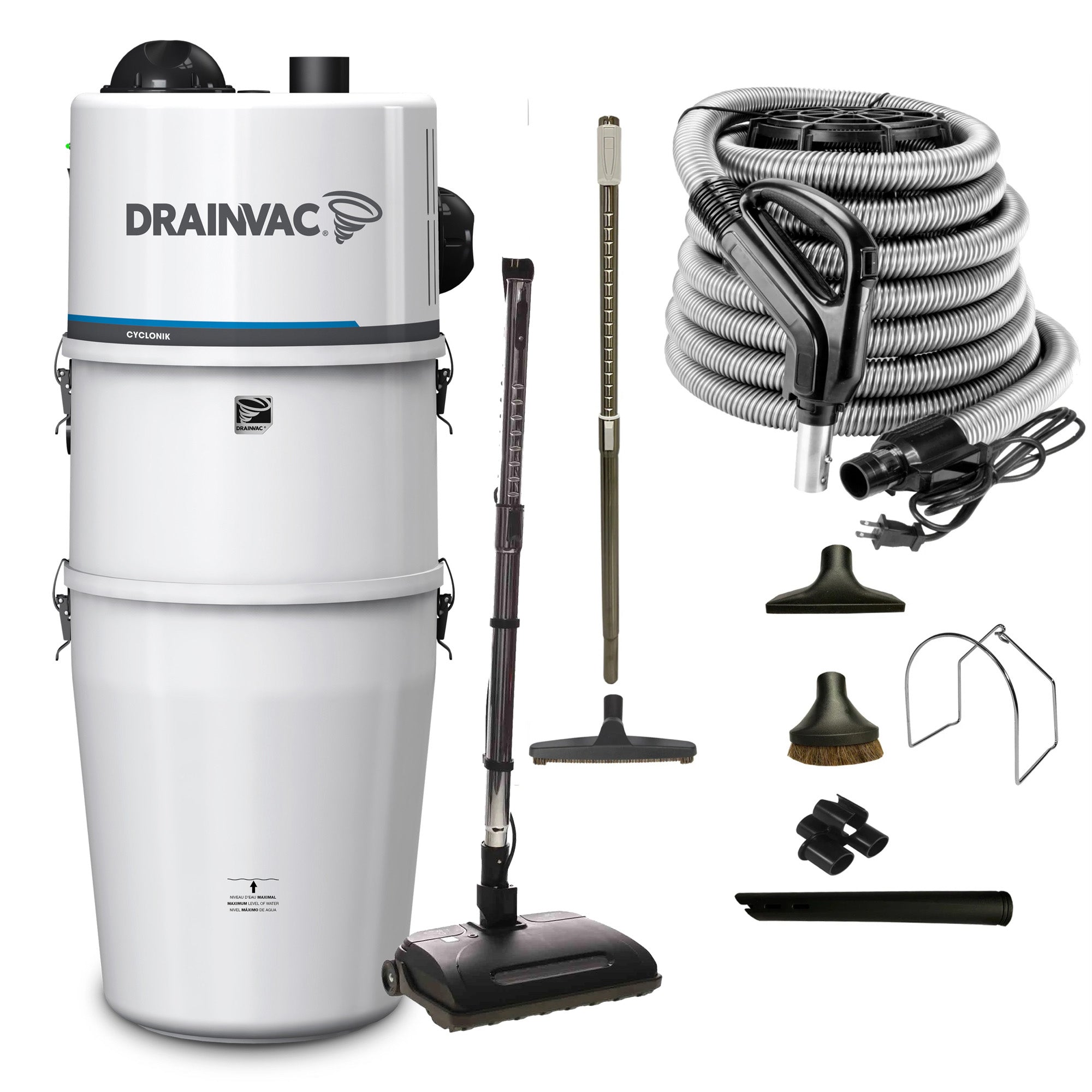 DrainVac Cyclonik Central Vacuum | Dual Motors 710 Air Watts with Cartridge Filter and Airstream Electric Package