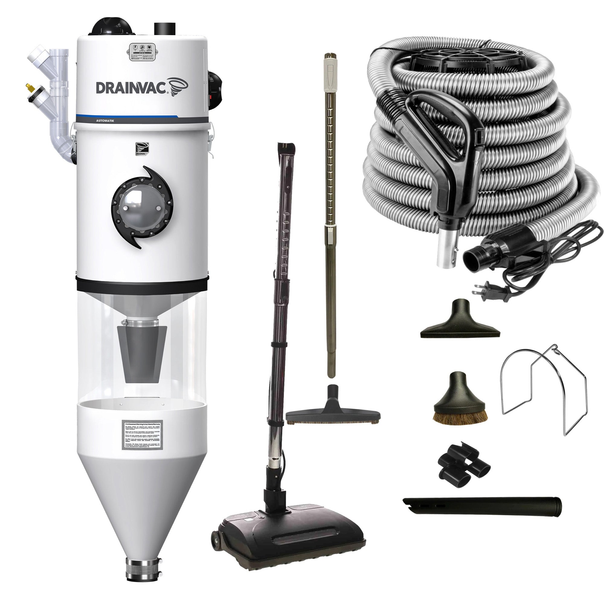 DrainVac Automatik Central Vacuum | Dual Motors 710 Air Watts with Decanter and Airstream Electric Package