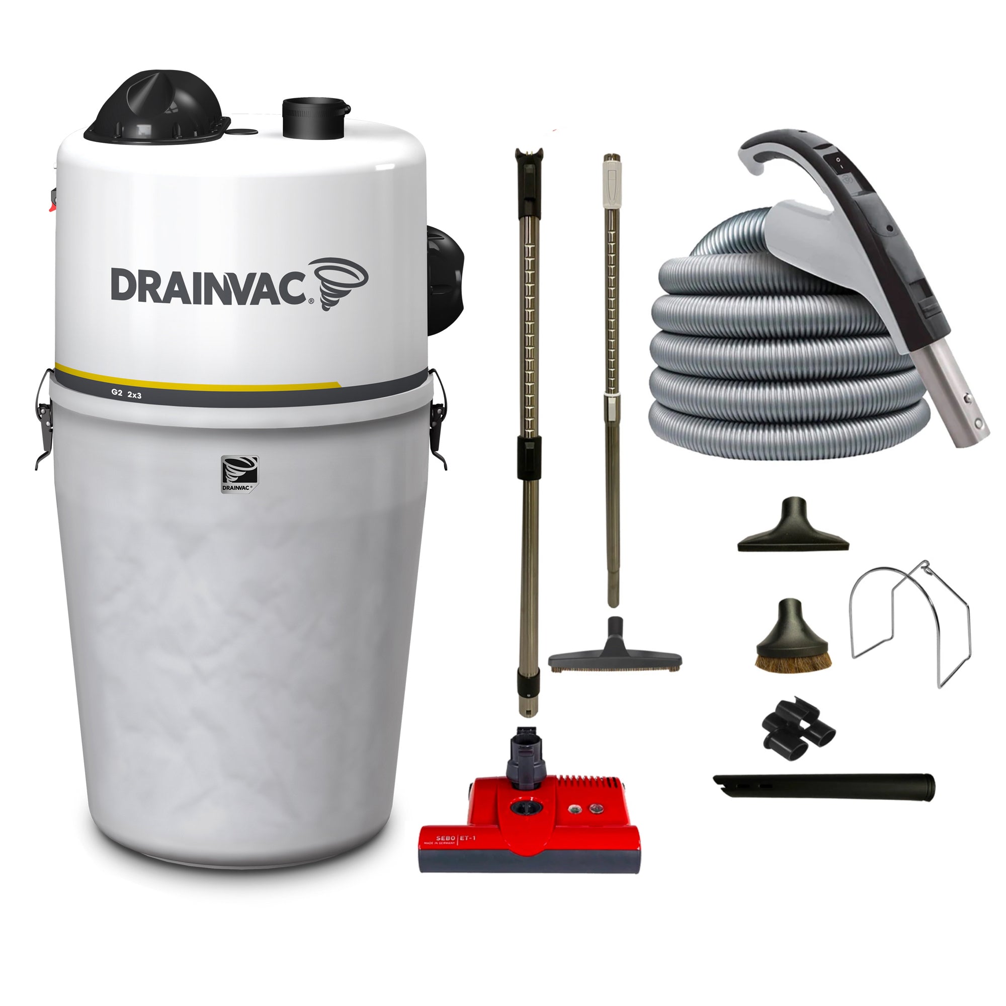 DrainVac Generation 2 Central Vacuum | Dual Motor 302 Air Watts with Muffler and SEBO ET-1 Electric Package