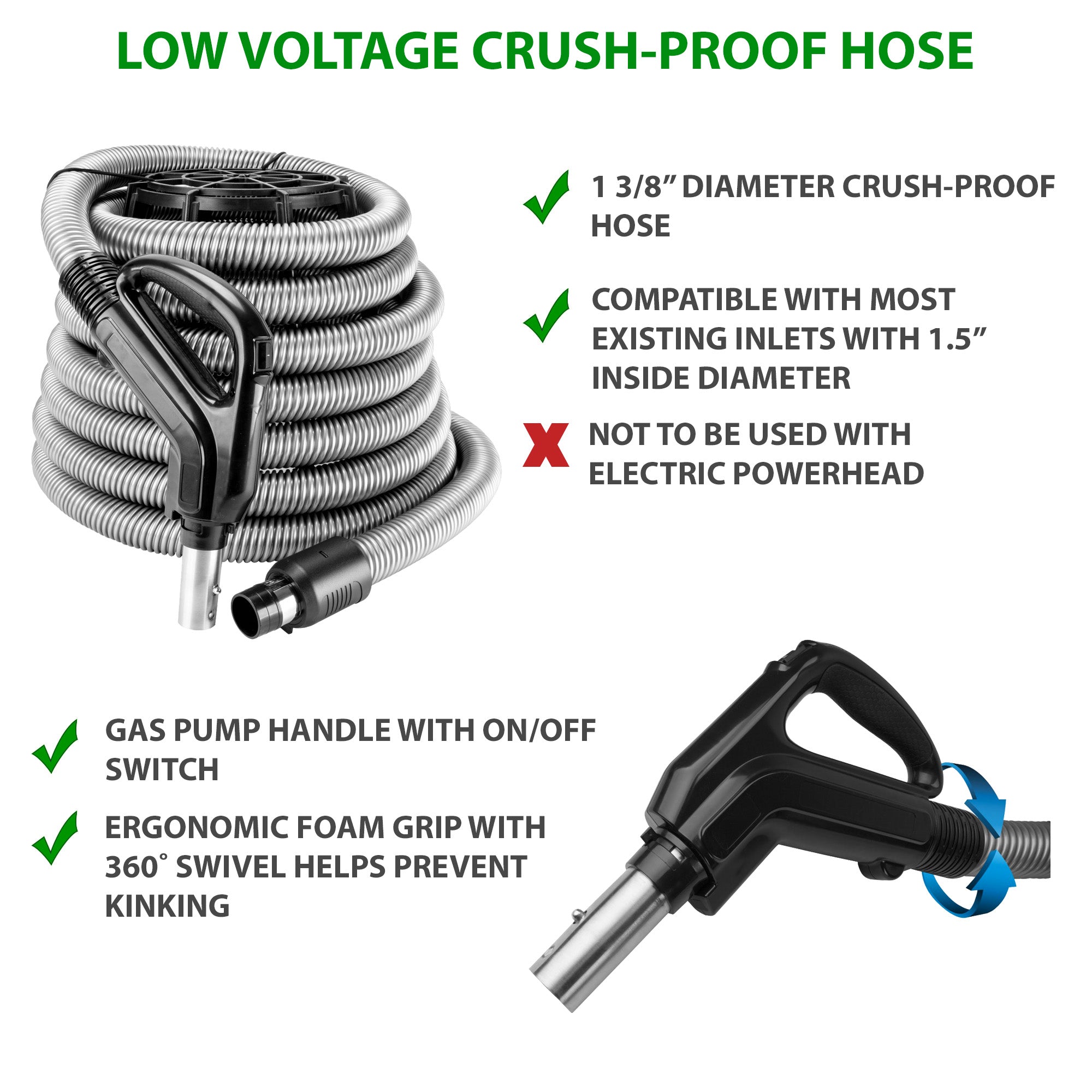 Low Voltage Crush-Proof Hose with Ergonomic Foam Grip 