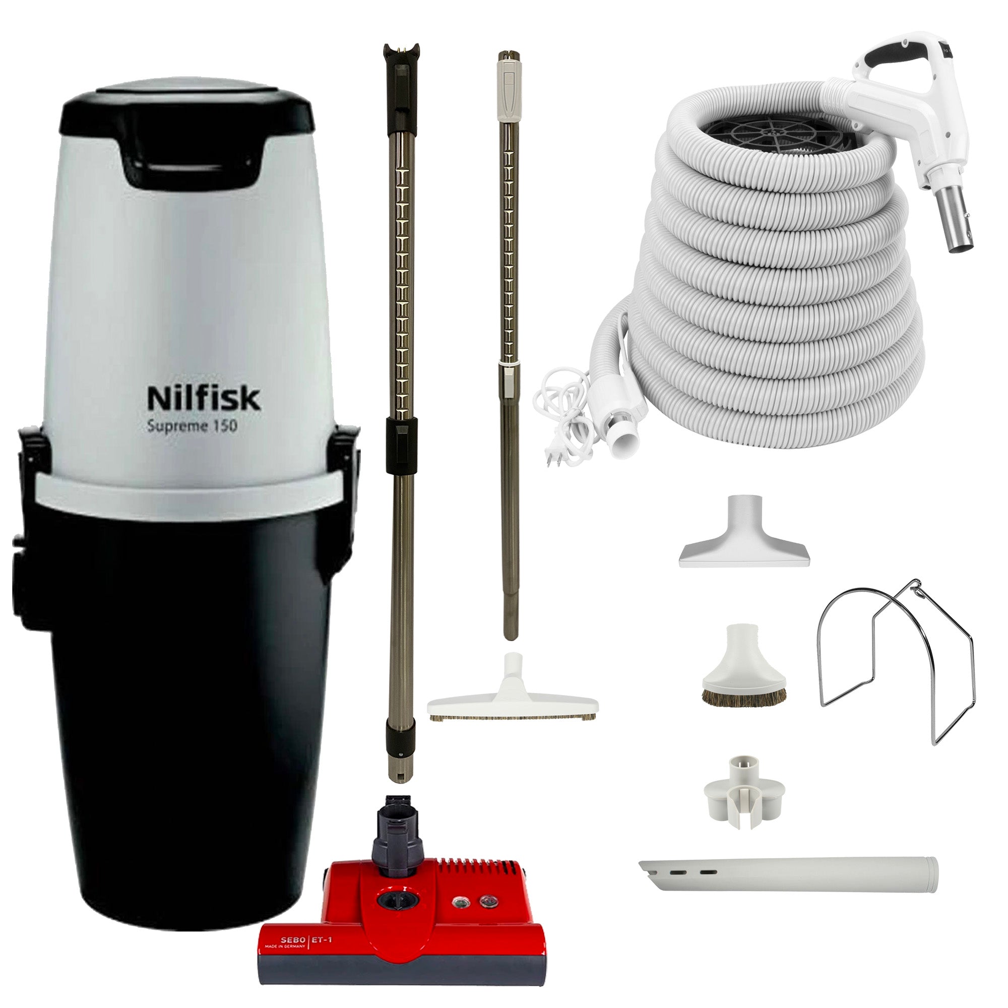Nilfisk Supreme 150 Central Vacuum with Red SEBO ET-1 Powerhead and Premium Electric Package (White)