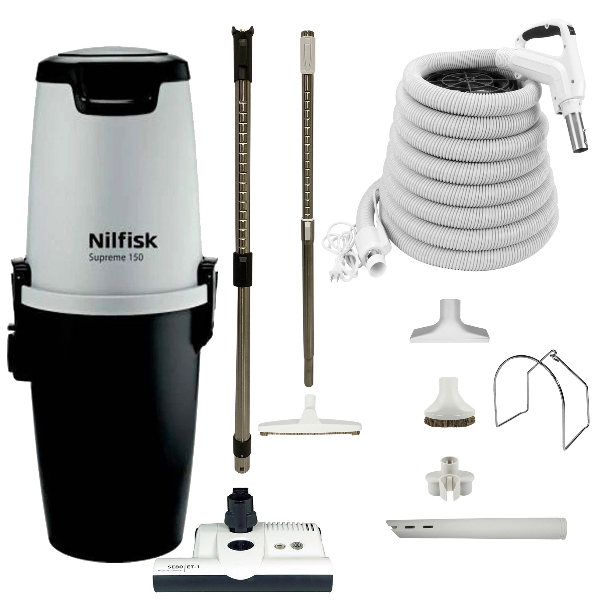 Nilfisk Supreme 150 Central Vacuum with White SEBO ET-1 Powerhead and Premium Electric Package - White