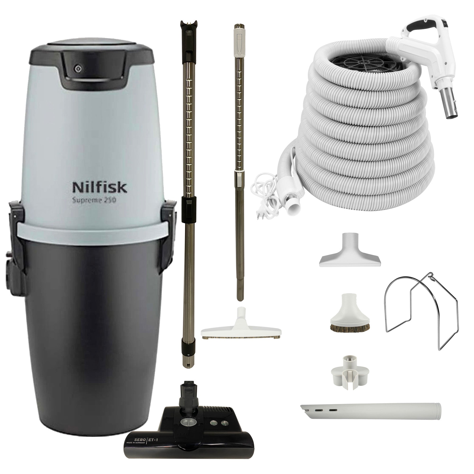 Nilfisk Supreme 250 Central Vacuum with SEBO ET-1 Electric Powerhead and Premium Electric Package - White