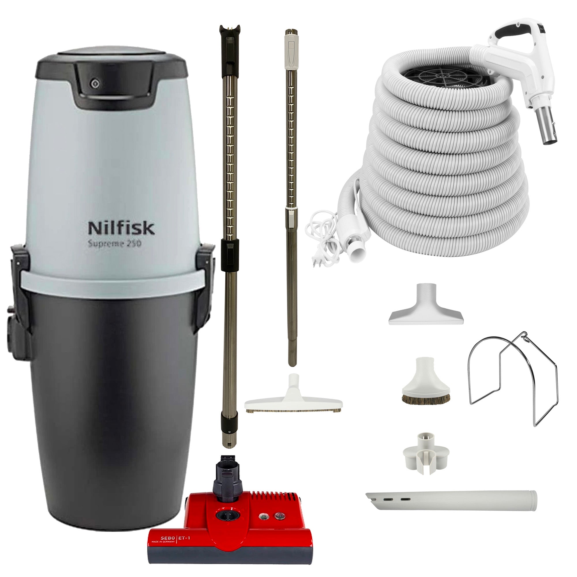 Nilfisk Supreme 250 Central Vacuum with SEBO ET-1 Electric Powerhead and Premium Electric Package - White