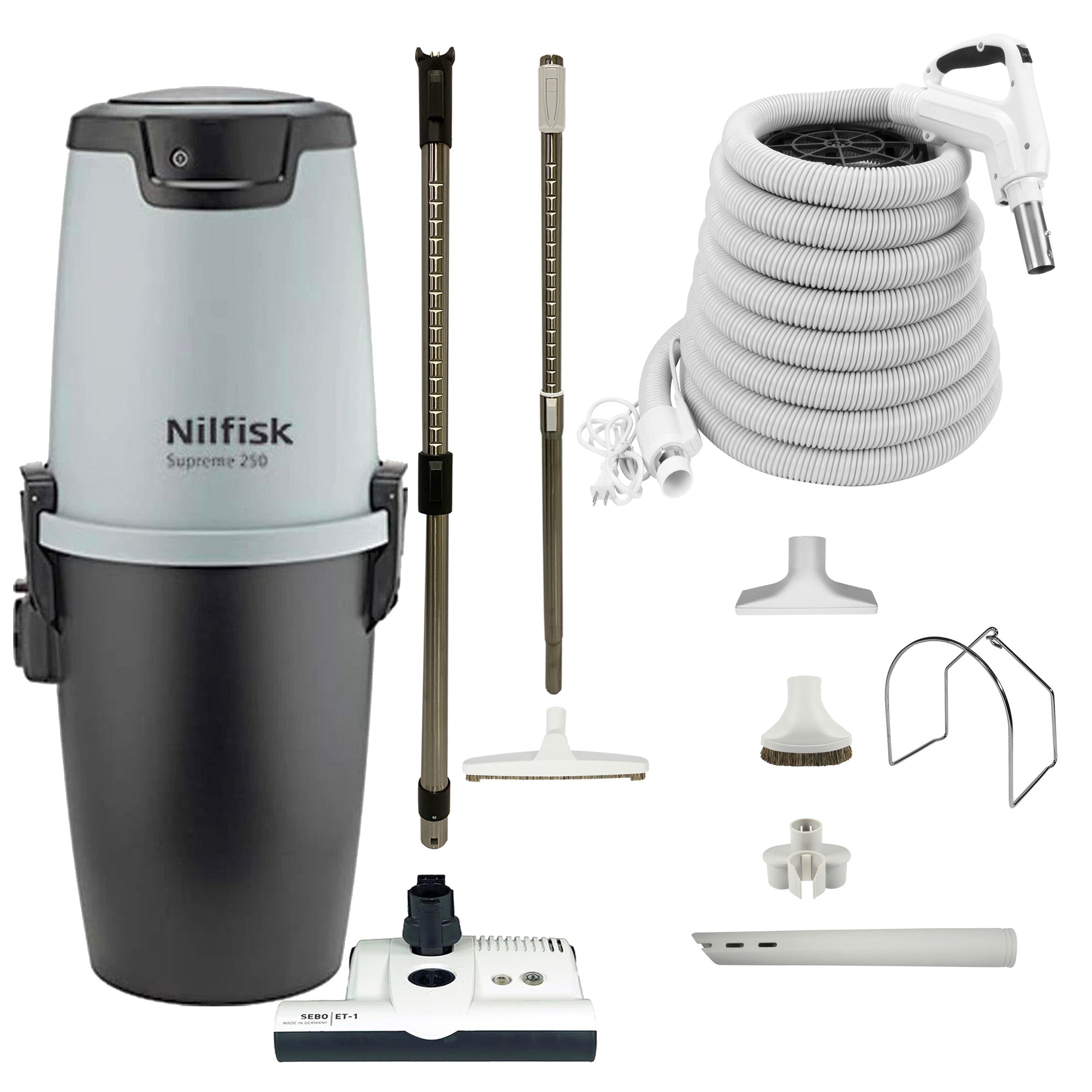 Nilfisk Supreme 250 Central Vacuum with SEBO ET-1 Electric Powerhead and Premium Electric Package - White